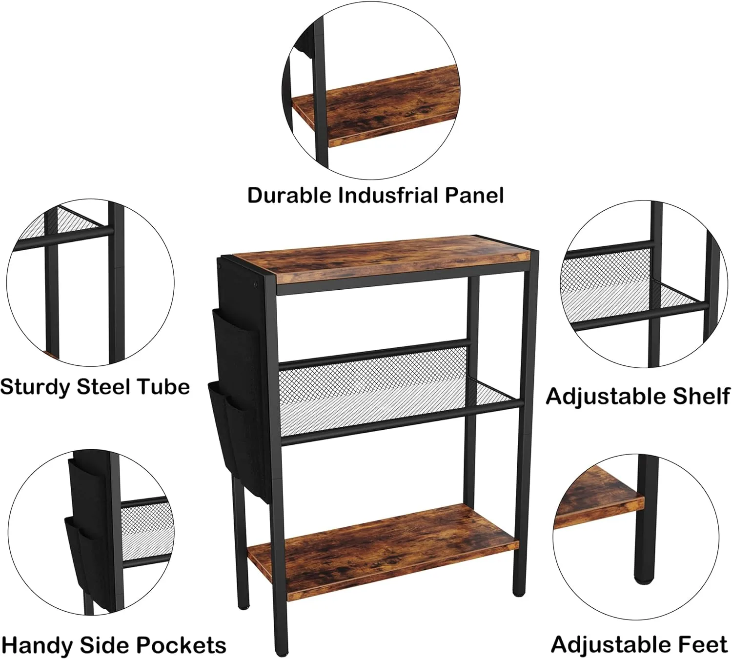 Yusong Small Narrow Side Table for Small Spaces, Slim End Table with Storage Bag, Sofa Snack Table with Adjustable Metal Mesh, 3 Tier Accent Skinny Beside Table for Living Room & Bedroom, Rustic Brown