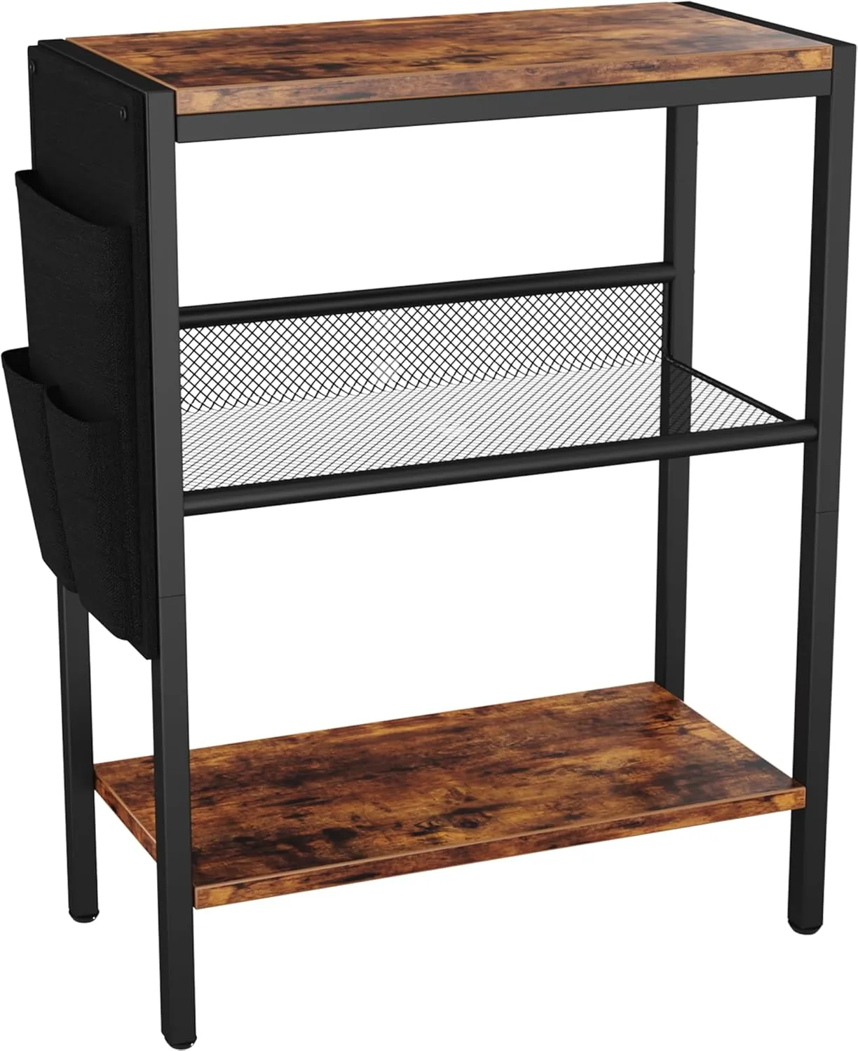 Yusong Small Narrow Side Table for Small Spaces, Slim End Table with Storage Bag, Sofa Snack Table with Adjustable Metal Mesh, 3 Tier Accent Skinny Beside Table for Living Room & Bedroom, Rustic Brown