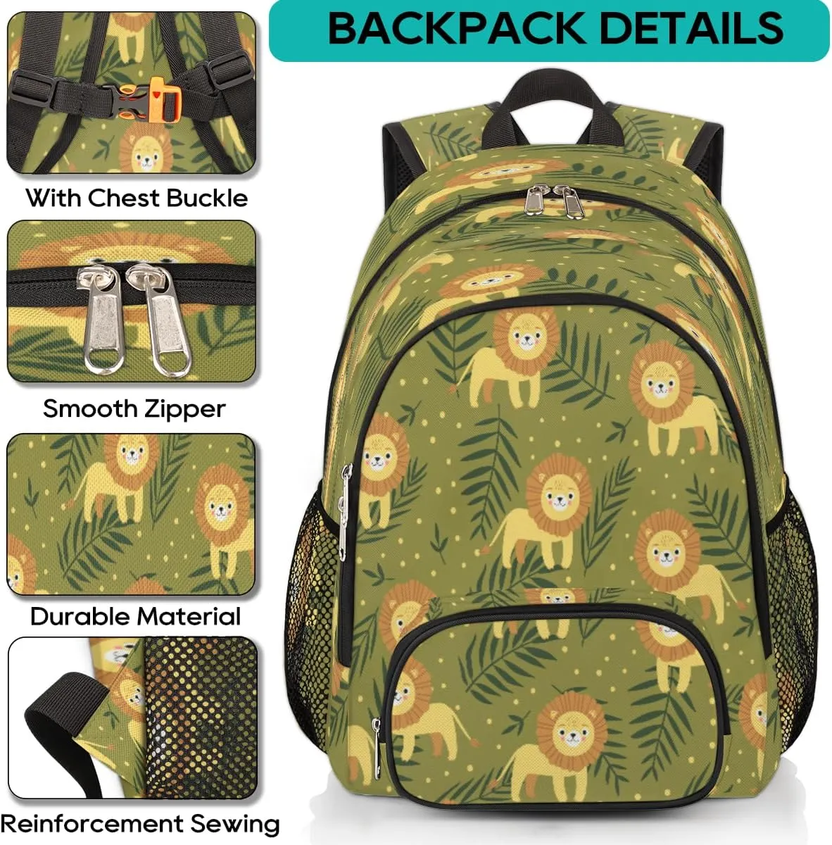 Yzrwebo Cute Cartoon Lion Backpack for Women Men Leaves Polka Dot Lightweight Backpack with Multiple Pockets Laptop iPad Tablet Travel Sports Bag Casual Daypack Backpack Adjustable Shoulder Straps