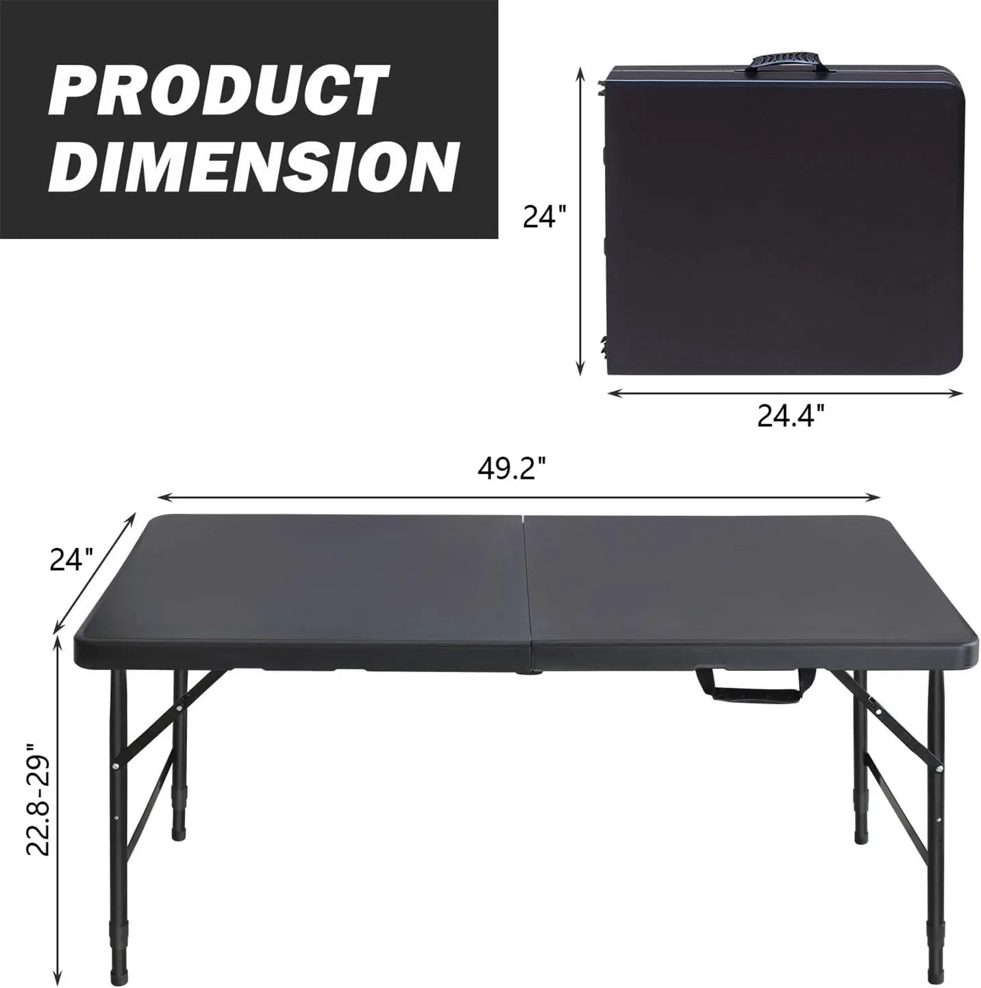 ZeHuoGe Portable Folding Table,Lightweight Picnic Party Dining Camp Table, Folding Banquet Table,Multifunctional Camping Table (Black, 4ft)