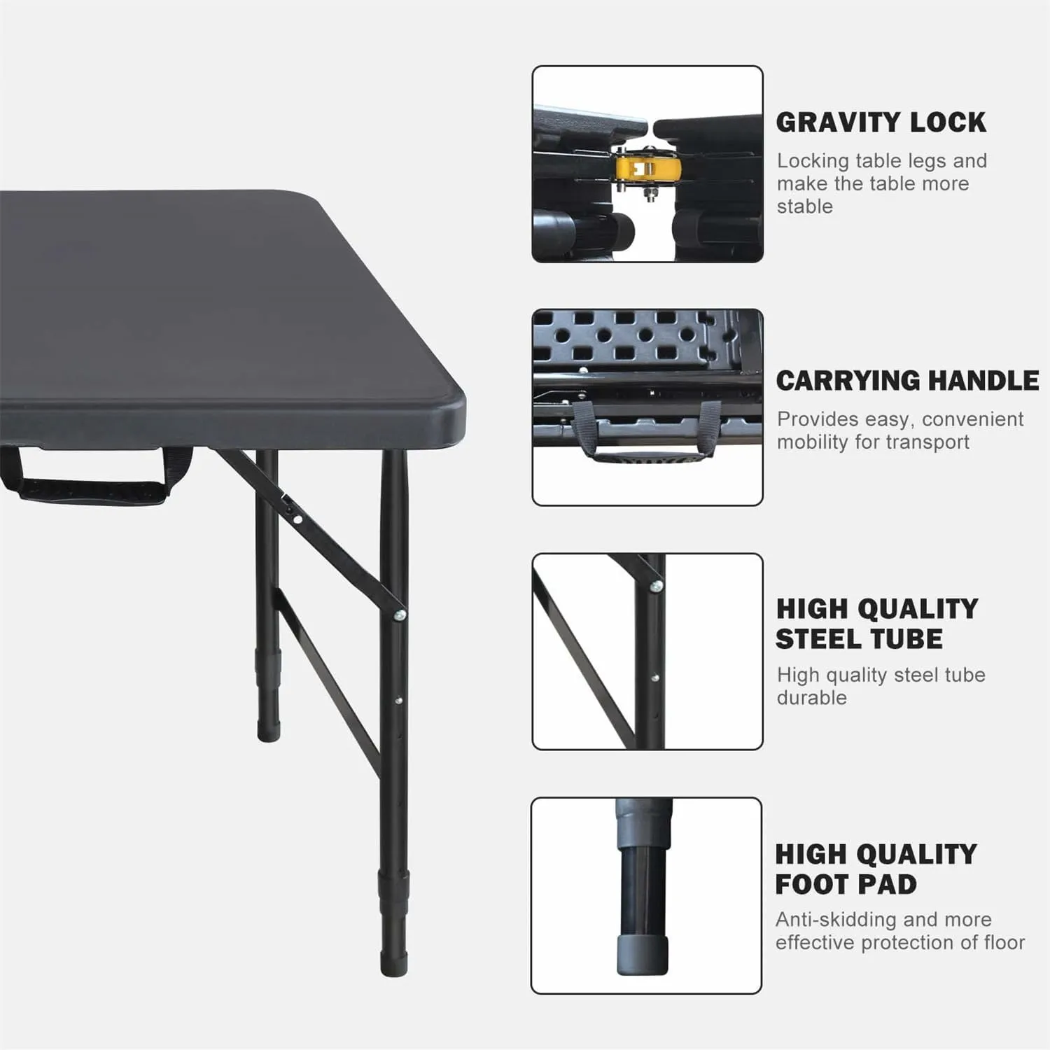 ZeHuoGe Portable Folding Table,Lightweight Picnic Party Dining Camp Table, Folding Banquet Table,Multifunctional Camping Table (Black, 4ft)