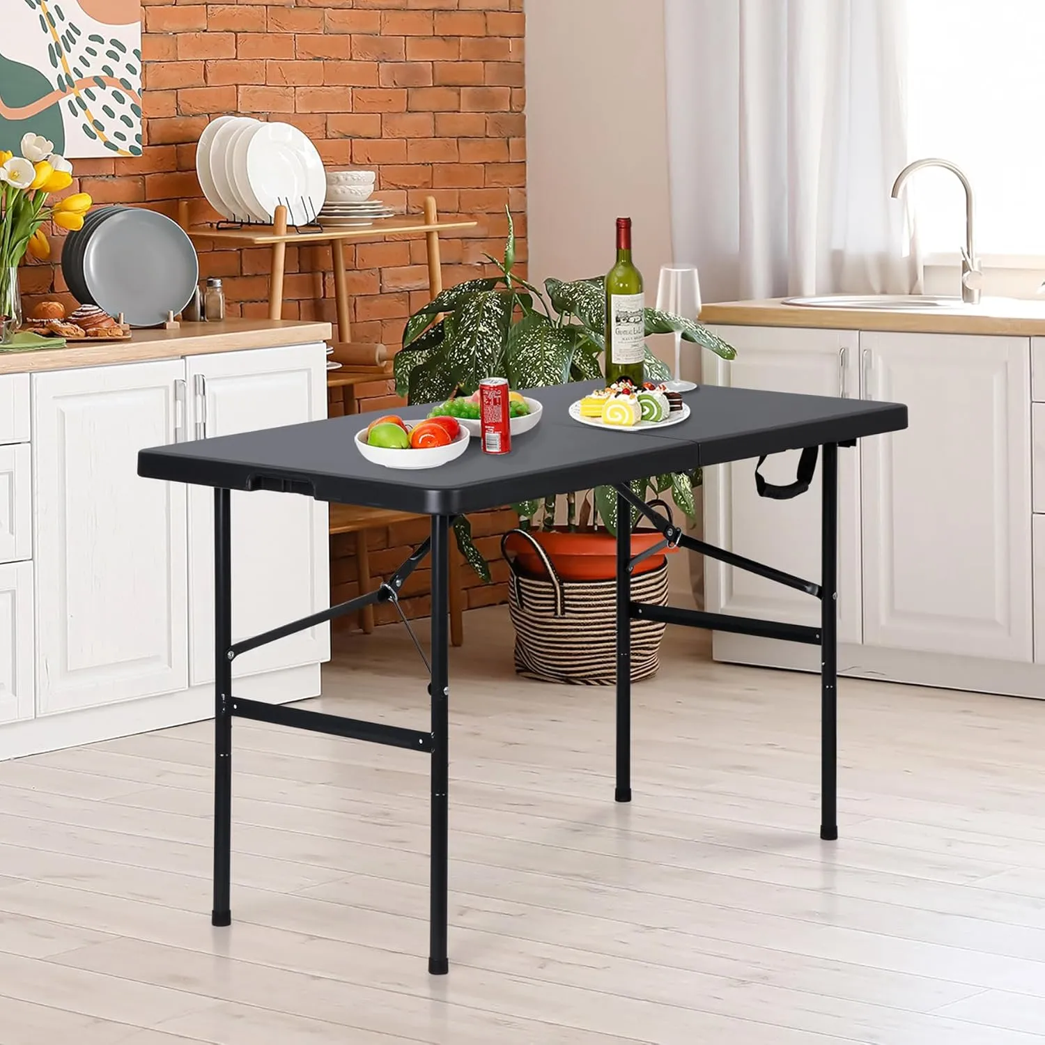 ZENY 4ft Portable Folding Table Plastic Indoor Outdoor Picnic Party Camp Dining Table with Handle, Black