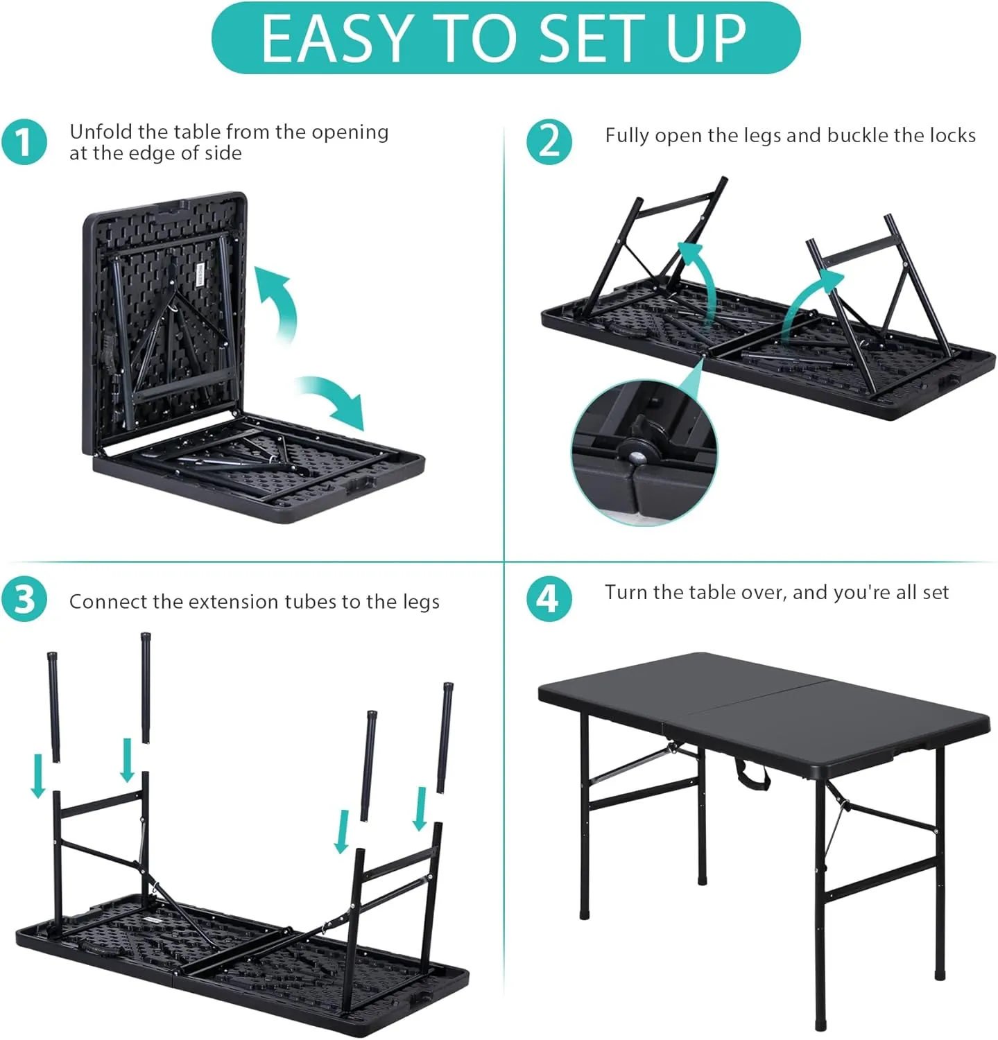ZENY 4ft Portable Folding Table Plastic Indoor Outdoor Picnic Party Camp Dining Table with Handle, Black