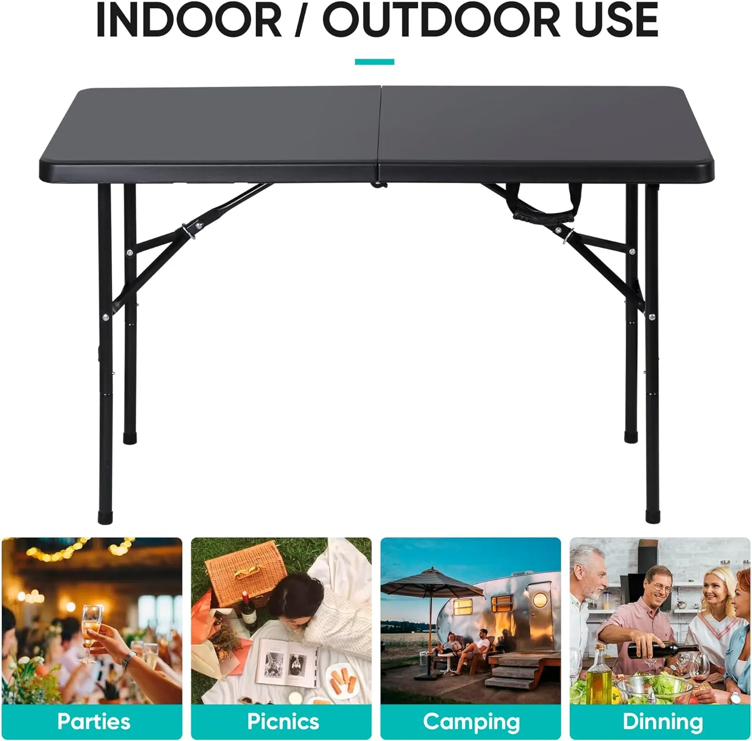 ZENY 4ft Portable Folding Table Plastic Indoor Outdoor Picnic Party Camp Dining Table with Handle, Black