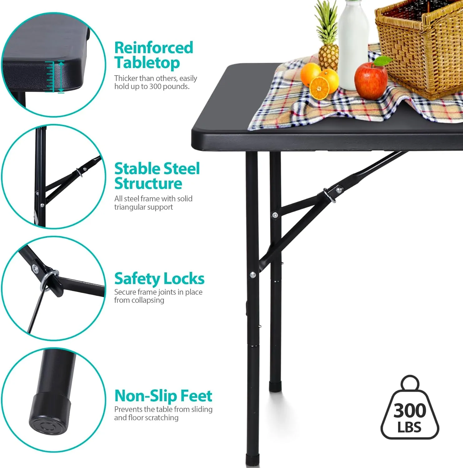 ZENY 4ft Portable Folding Table Plastic Indoor Outdoor Picnic Party Camp Dining Table with Handle, Black