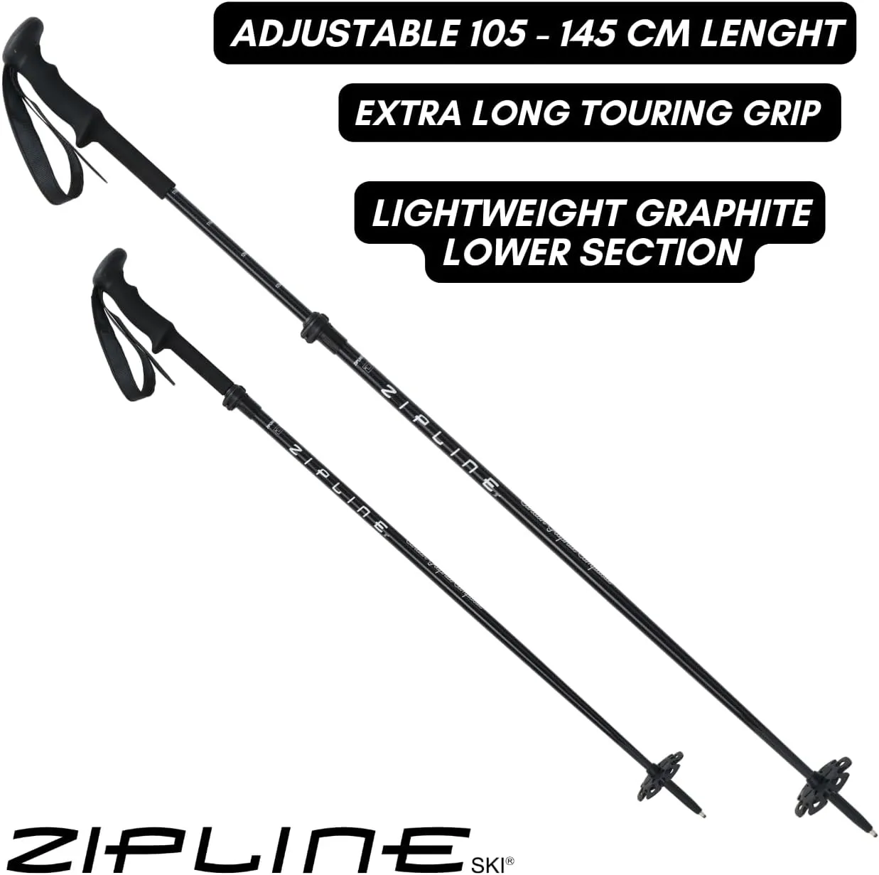 Zipline Blurr EXT MRDW Collection - Adjustable Graphite Composite Ski Poles for Backcountry & All-Mountain - Lightweight, Durable, Ergonomic Grip, Grip Options, Designed by Gold Medalist David Wise