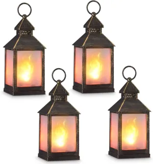 ZKEE 11" Vintage Style Decorative Lantern Set of 4 - Flame Effect LED, Golden Brushed Black, 4 Hours Timer, Indoor/Outdoor Hanging Candle Lanterns