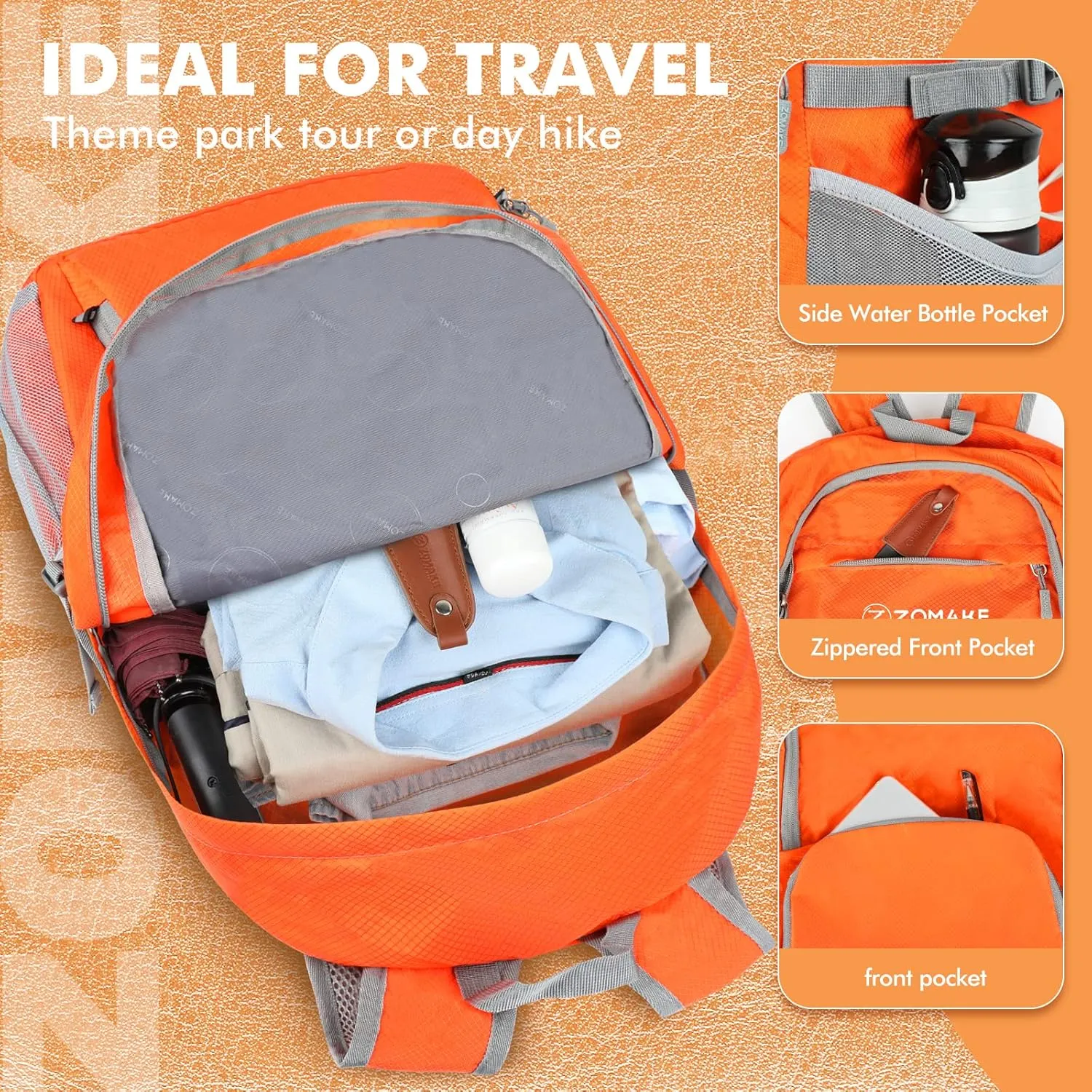 ZOMAKE Lightweight Packable Backpack 30L, Foldable Hiking Backpacks Water Resistant Compact Folding Daypack for Travel(Orange)