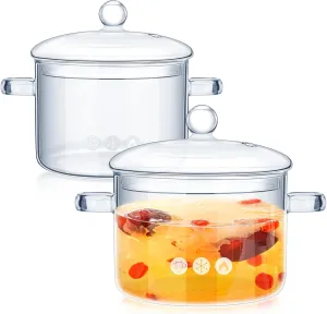 Zubebe 2 Pcs Glass Pots for Cooking on Stove Set Glass Saucepan with Cover Heat Resistant Clear Pots and Pans Set Stovetop Cookware Simmer Pot with Lid for Soup Milk(1.3 L, 1.9 L)