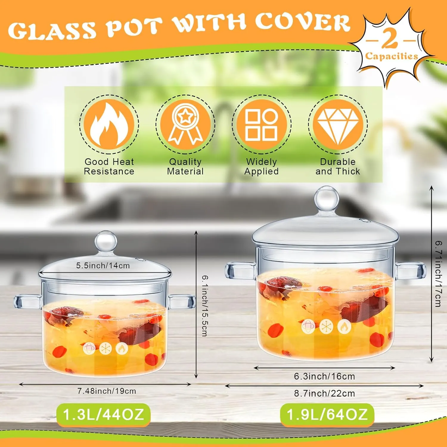 Zubebe 2 Pcs Glass Pots for Cooking on Stove Set Glass Saucepan with Cover Heat Resistant Clear Pots and Pans Set Stovetop Cookware Simmer Pot with Lid for Soup Milk(1.3 L, 1.9 L)
