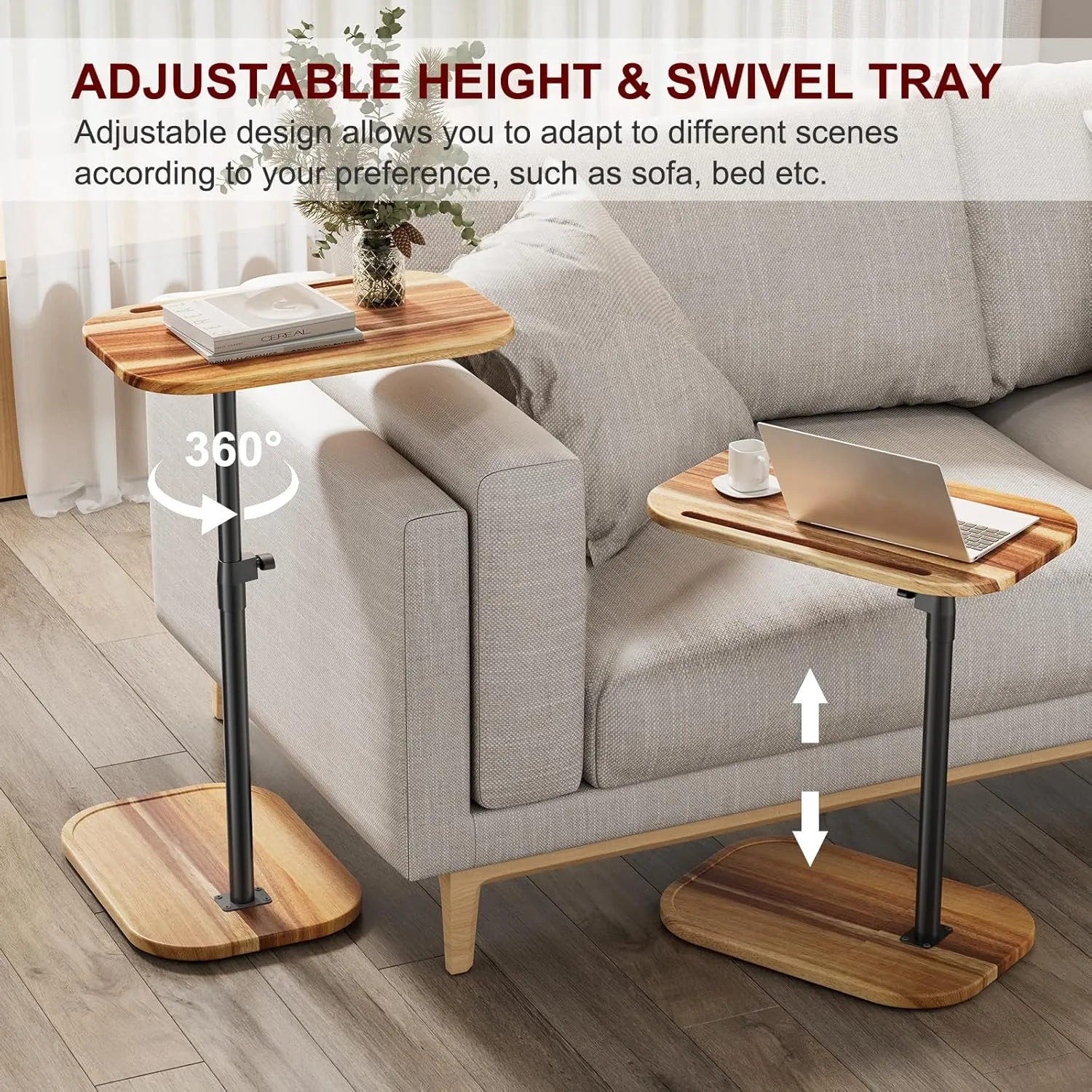 ZUJJAFY Tv Tray Table Adjustable Height C Shaped End Table for Couch, Swivel Side Table for Drinks, Snacks and Small Space, Acacia Wood Couch Arm Table Tray for Sofa, Bed or Chair