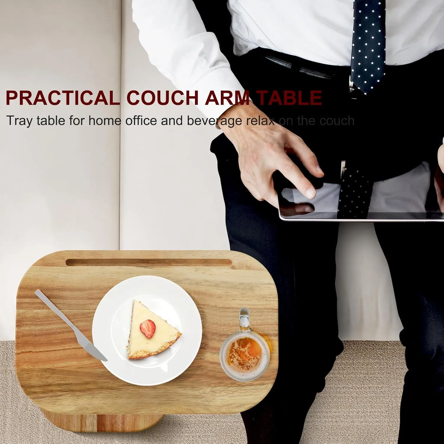 ZUJJAFY Tv Tray Table Adjustable Height C Shaped End Table for Couch, Swivel Side Table for Drinks, Snacks and Small Space, Acacia Wood Couch Arm Table Tray for Sofa, Bed or Chair
